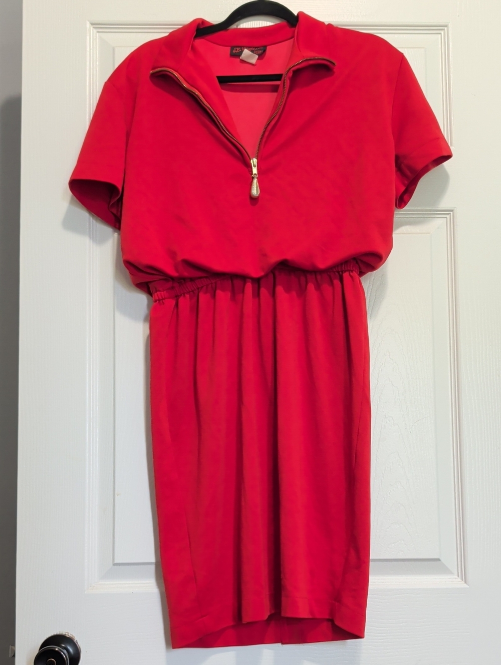 Bright Red Short-Sleeve Zip-Neck Elastic-Waist Dress for Women